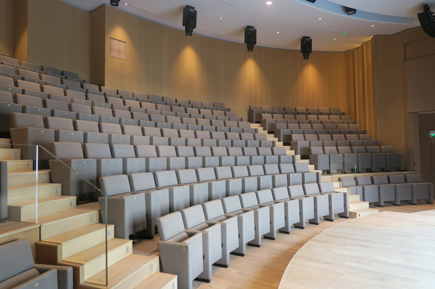 L'auditorium donne sur le jardinet attenant et est équipé de très beaux matériaux : bois, éclairage, etc.